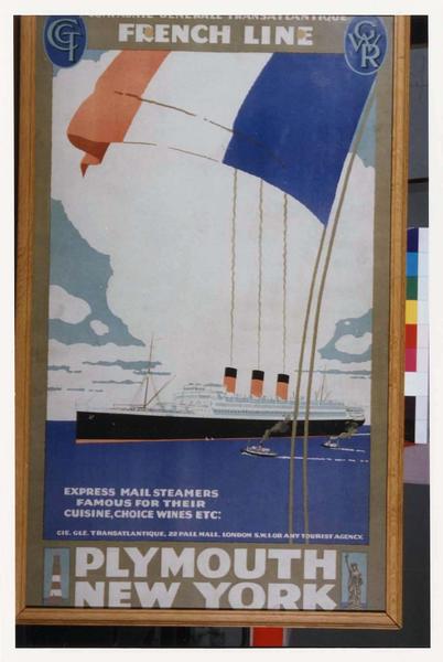 affiche de la Compagnie Générale Transatlantique - French Line : paquebot Paris de profil, drapeau tricolore au vent (v. 1920)