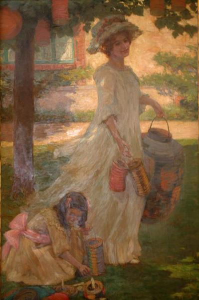 tableau : Jeune femme accrochant des lampions - © Ministère de la Culture (France), Médiathèque du patrimoine et de la photographie (objets mobiliers), tous droits réservés