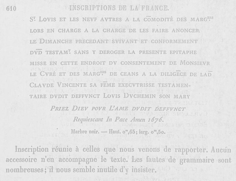 dalle funéraire d'André Josse, vue partielle du texte gravé et retranscrit