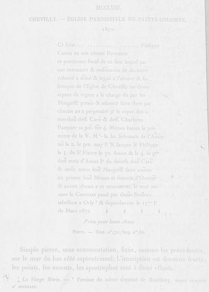 dalle funéraire de Philippe Caron, vue générale du texte gravé et retranscrit