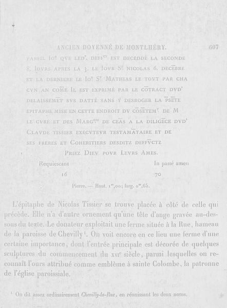 dalle funéraire de Nicolas Tissire, vue partielle du texte gravé et retranscrit