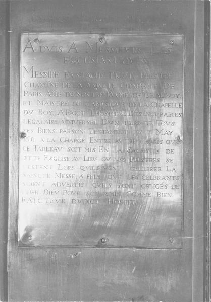 plaque commémorative de la donation de messire Picot, vue générale - © Ministère de la Culture (France), Médiathèque du patrimoine et de la photographie (objets mobiliers), tous droits réservés