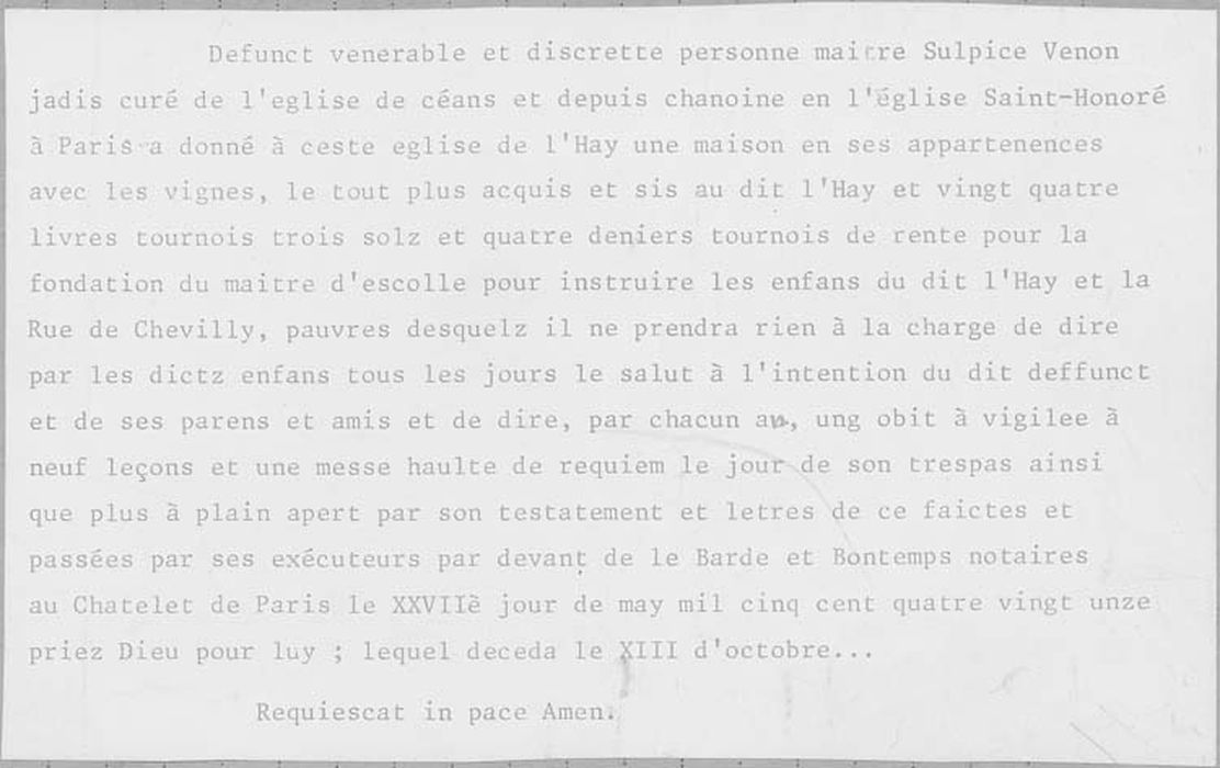 épitaphe avec figures gravées du curé Sulpice Venon mort en 1591