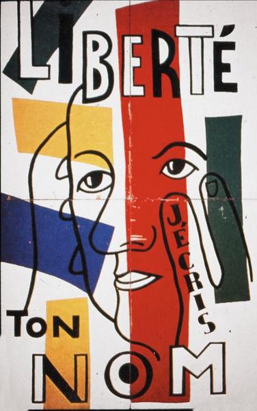 tableau : Visage de Paul Eluard avec l'inscription "J'écris ton nom liberté"