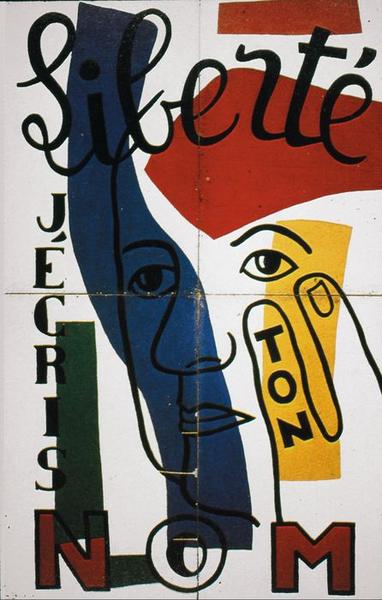 tableau : Visage de Paul Eluard avec l'inscription "J'écris ton nom liberté"