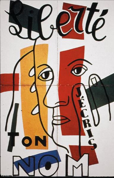 tableau : Visage de Paul Eluard avec l'inscription "J'écris ton nom liberté"
