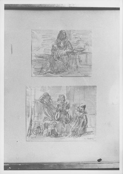 dessin : nourrice attablée avec un nourrisson sur ses genoux ; dessin : enfants assis, vue générale - © Ministère de la Culture (France), Médiathèque du patrimoine et de la photographie (objets mobiliers), tous droits réservés