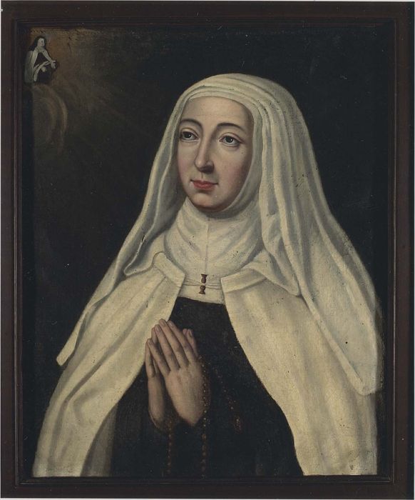 tableau : Marie de l'Incarnation en prière, avec l'apparition de sainte Thérèse en haut à gauche - © Ministère de la Culture (France), Médiathèque du patrimoine et de la photographie, diffusion RMN-GP