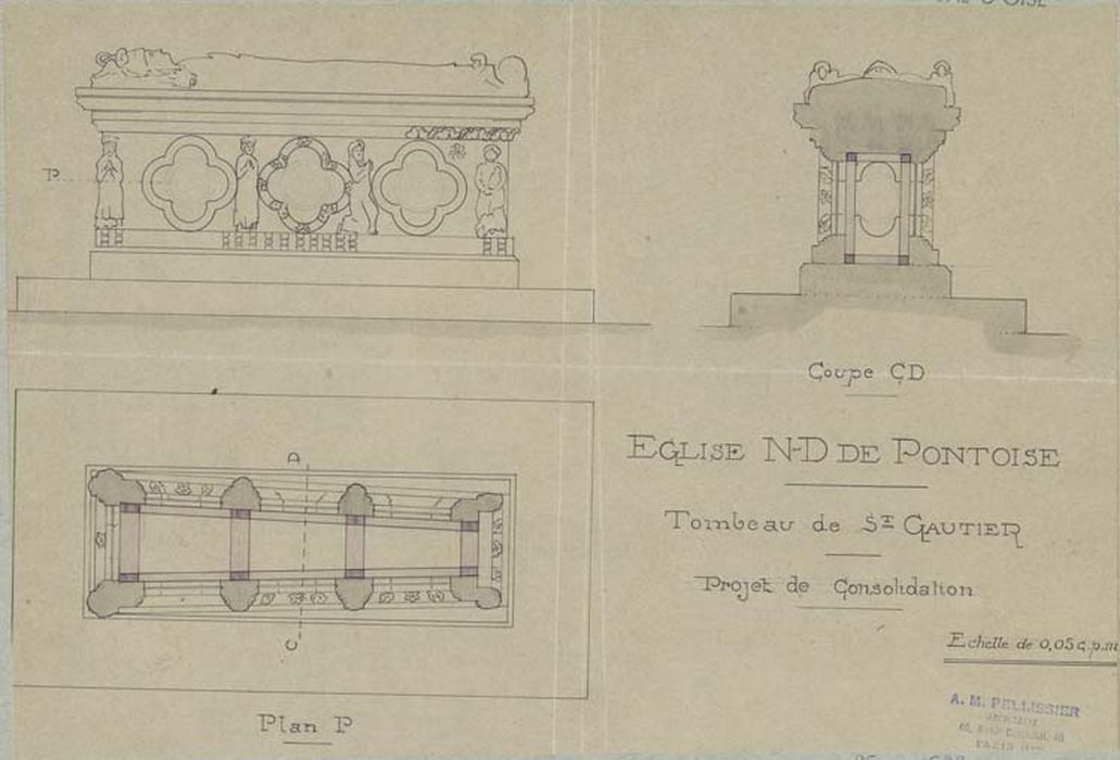 tombeau à gisant de saint Gautier (abbé de Saint-Martin de Pontoise), plan de coupe