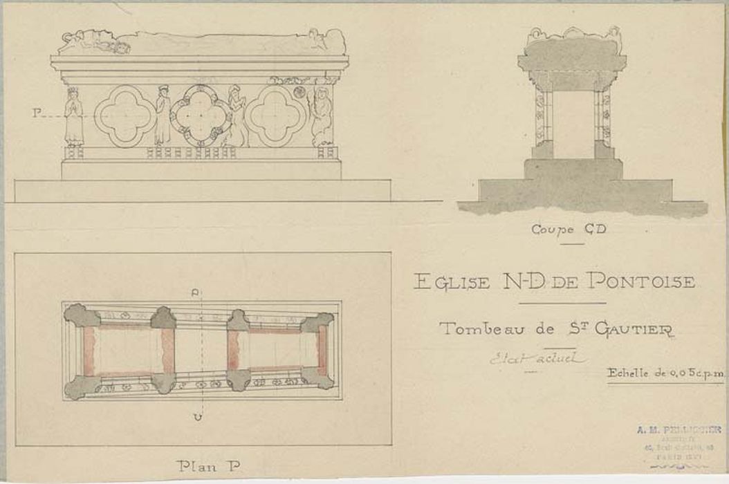 tombeau à gisant de saint Gautier (abbé de Saint-Martin de Pontoise), plan de coupe