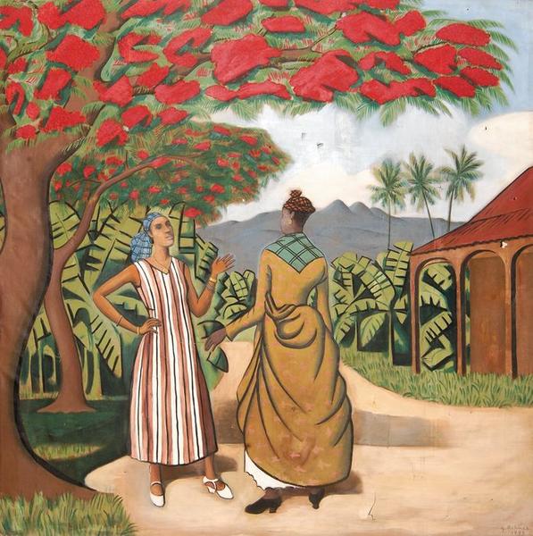 tableau : Femmes parlant sous un flamboyant - © Ministère de la Culture (France), Direction Régionale des Affaires Culturelles d'Occitanie, tous droits réservés