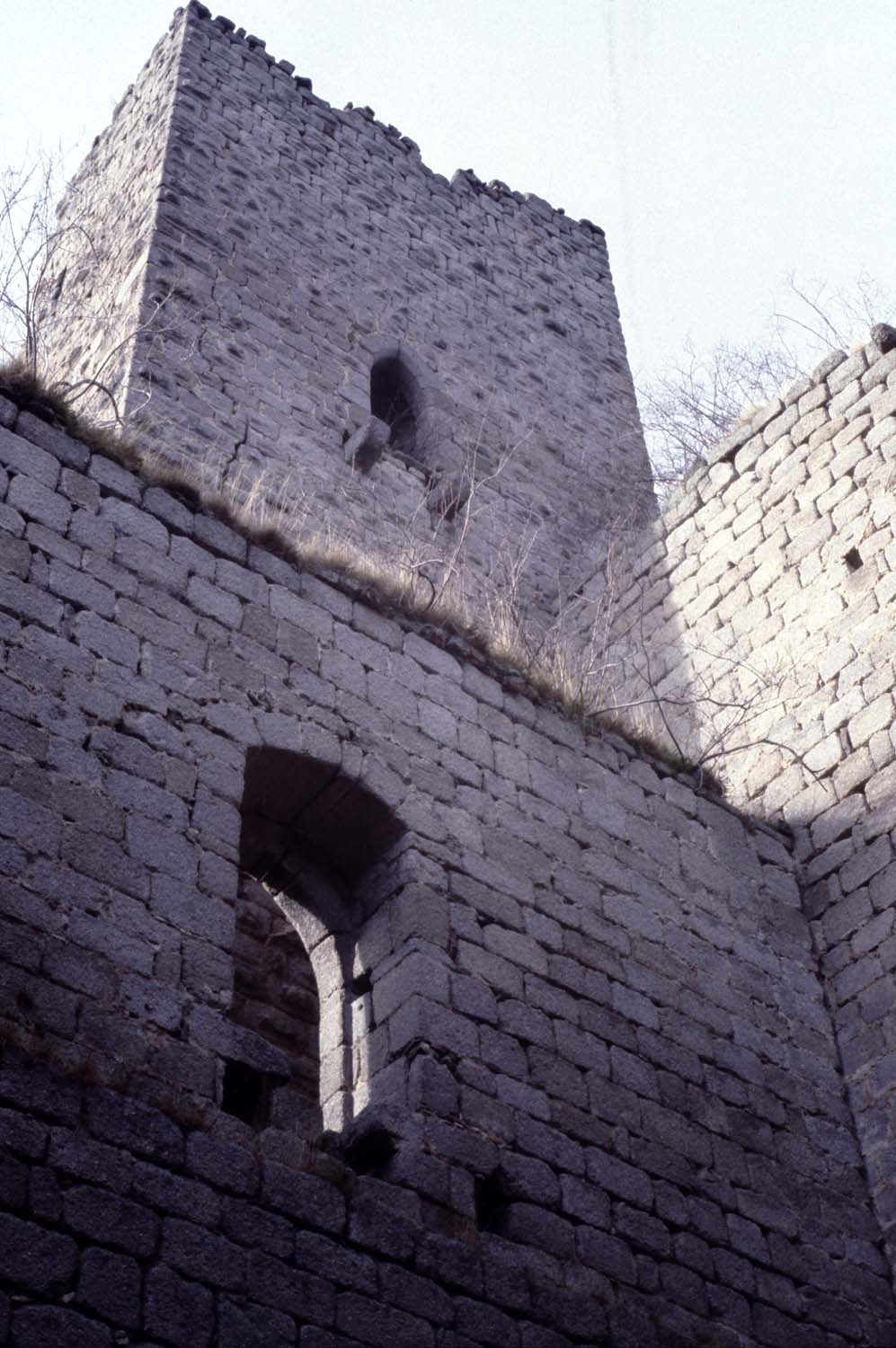 Vestiges du donjon, vue en contre-plongée depuis le logis