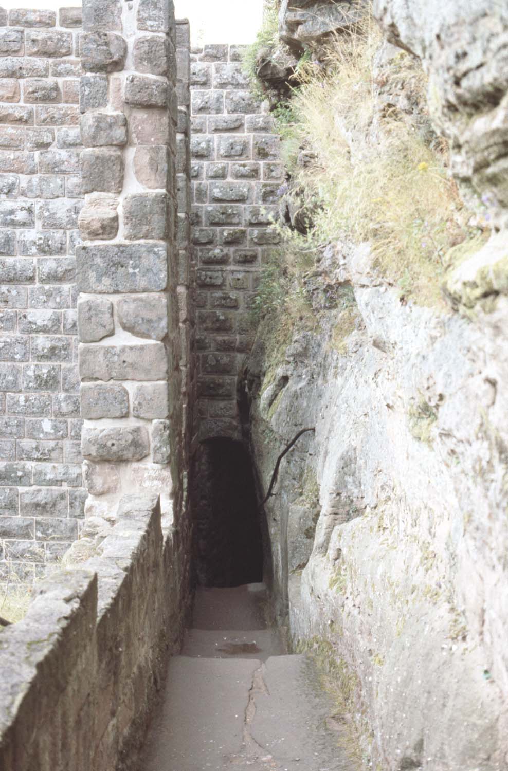 Montée vers le haut-château, vue partielle entre roche et bâti