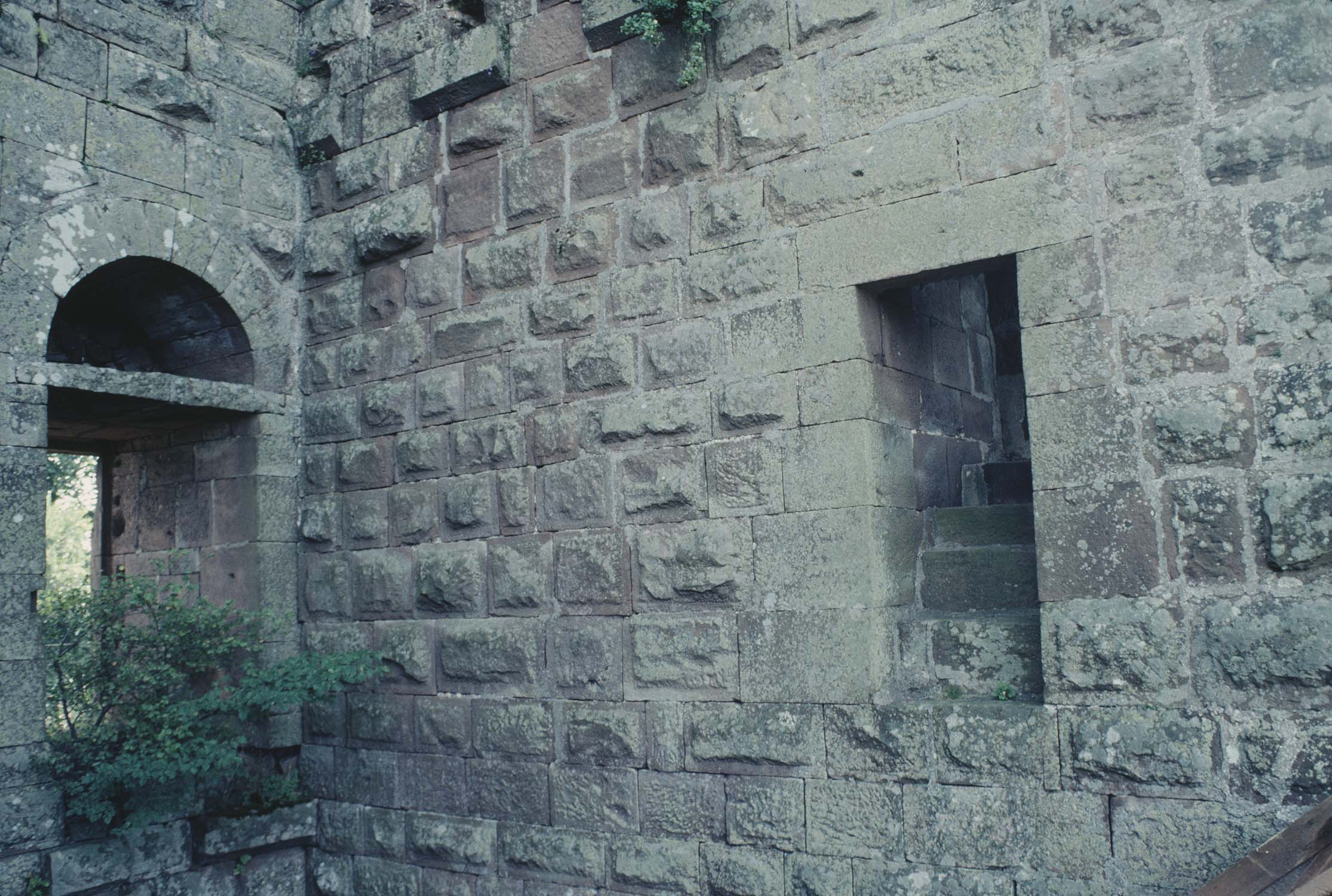 Vestiges d'un donjon : intérieur avec porte et escalier, vue partielle