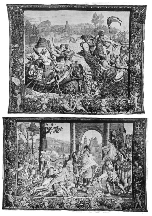 Tapisserie des Gobelins, tenture de l'histoire de Scipion, pièce n°1 : l'armée navale, pièce n°2 : Scipion recevant les offices
