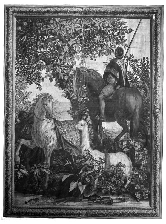 Tapisserie des Gobelins, tenture des Indes, pièce n°7 : cheval pommelé ou l'indien à cheval