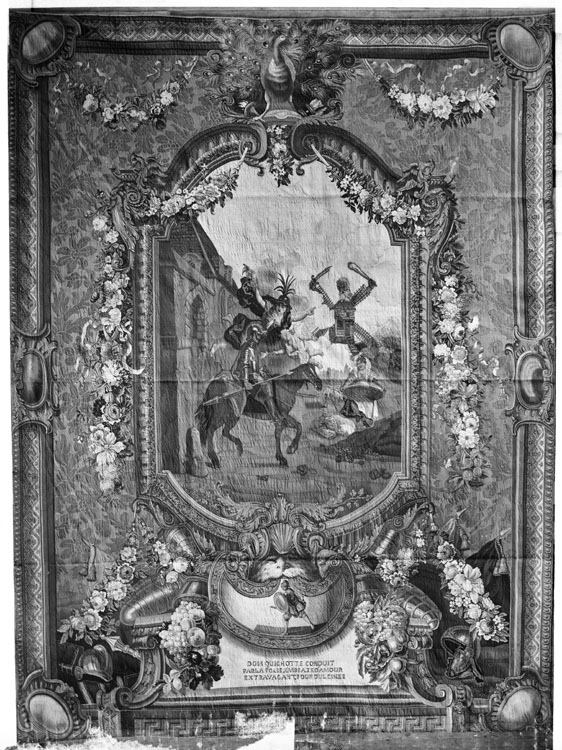 Tapisserie des Gobelins, tenture de l'histoire de Don Quichotte, pièce n°1 : scène avec le deuxième alentour, Don Quichotte conduit par la folie