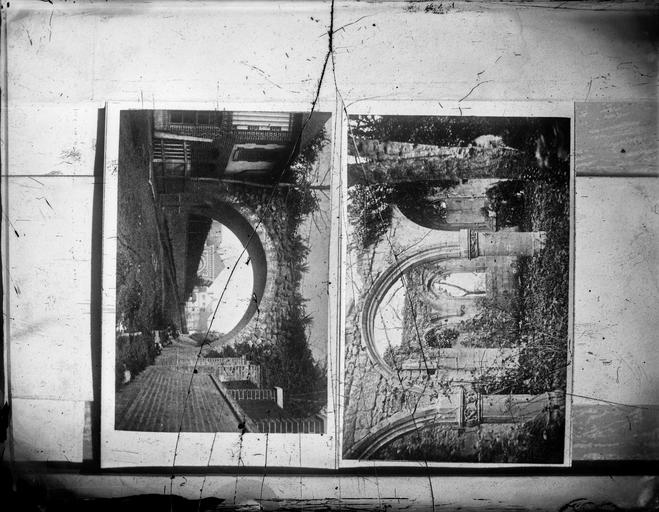 Reproduction  de deux photographies de vues d'architecture représentant des ruines du prieuré de Saint-Arnoult et un arc au-dessus d'une route