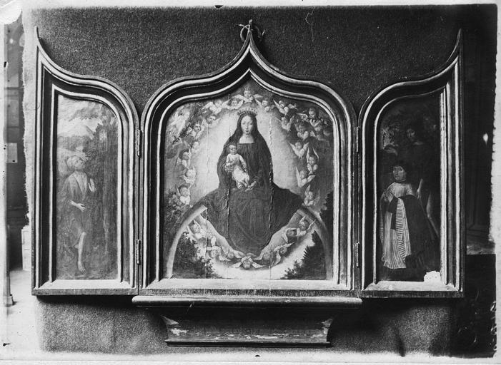 Tableau : La Vierge glorieuse (centre), saint Jérôme (gauche), Jean Thoron accompagné de son saint patron saint Jean-Baptiste (droite). Triptyque ouvert - © Ministère de la Culture (France), Médiathèque du patrimoine et de la photographie, diffusion RMN-GP