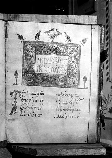 Manuscrit et enluminure (de l'initiale T) de l'Evangile
