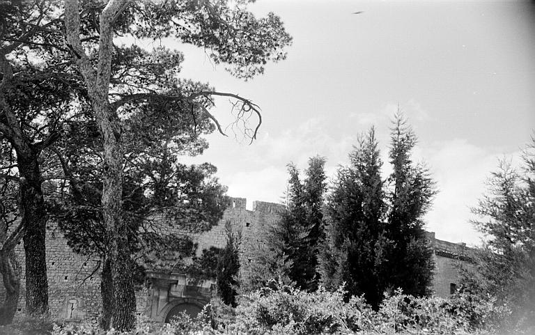 Parc et enceinte médiévale vue de l'extérieur avec l'entrée