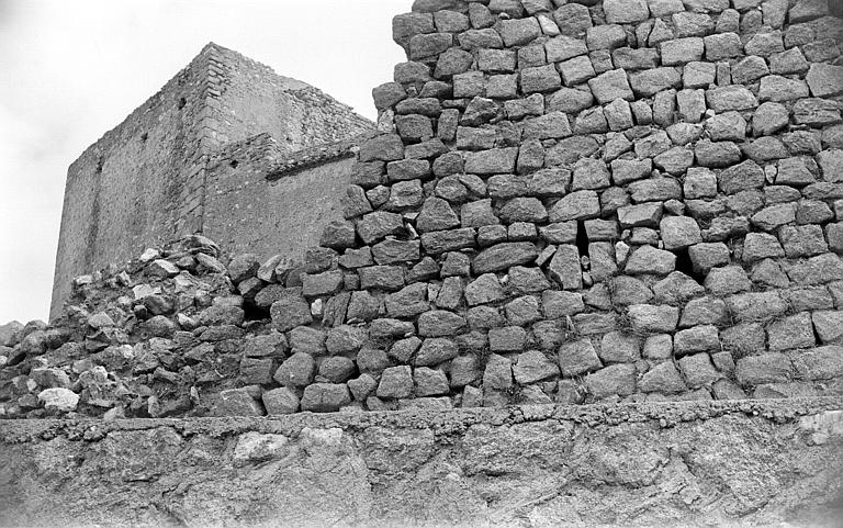 Détail du mur de l'enceinte et vue sur la tour du château