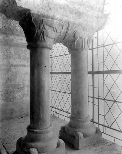 Intérieur, salle capitulaire, colonnes jumelées : bétail et cervidé