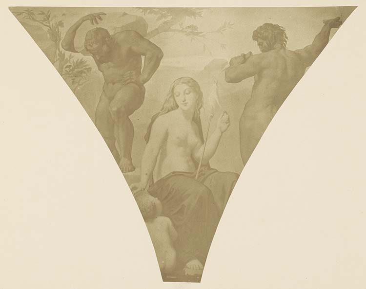 Peinture murale de la galerie des fêtes ; pendentif. 'V.9 Et vestes et tecta parant. L'homme prépare les matériaux destinés à sa demeure . La femme file ses vêtements'