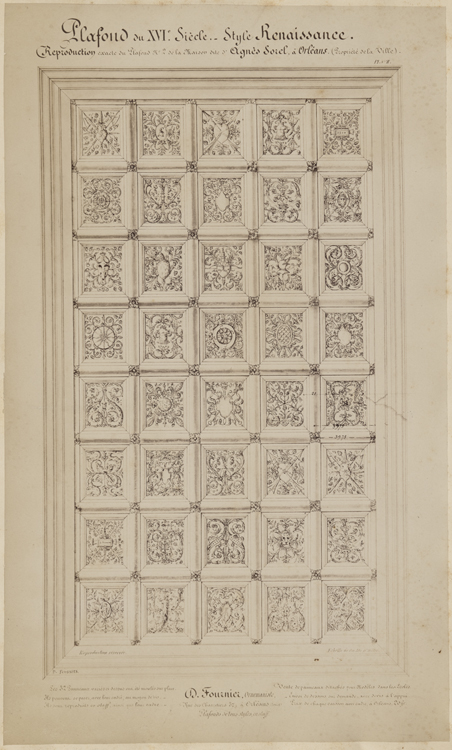 Reproduction d'un dessin d'un des plafonds à caissons (n°2) par D. Fournier, ornemaniste à Orléans