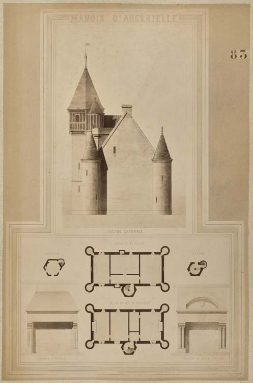 Façade latérale et plans du 1er étage et du rez-de-chaussée avec détail de cheminée du rez-de-chaussée et cheminée du 1er étage : état actuel