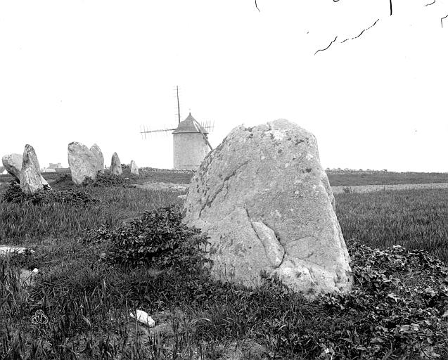 Vue d'ensemble à la tête des alignements, avec le moulin en arrière-plan