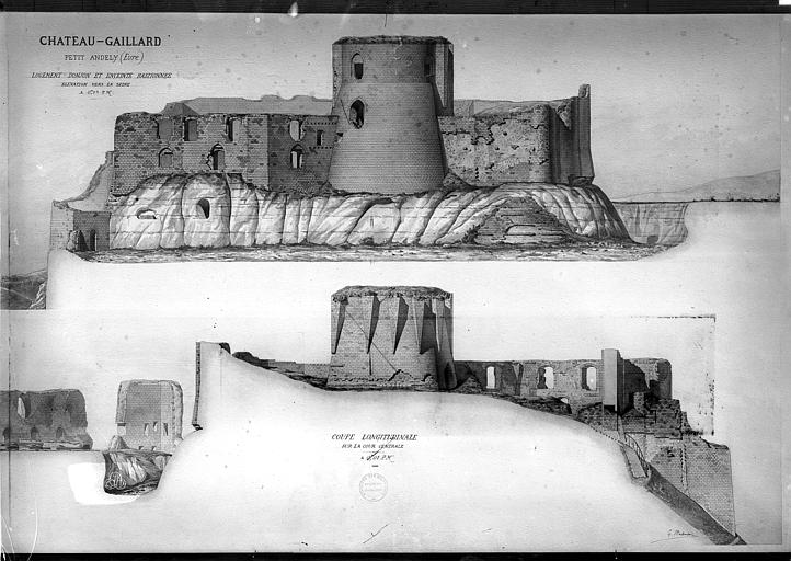 Dessin aquarellé : élévation vers la Seine et coupe longitudinale