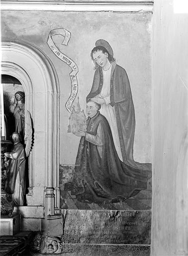 Peinture murale encadrant la Mise au tombeau dans la chapelle Sainte-Croix : Donateur et son saint patron (côté droit)