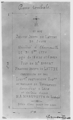 Dalle funéraire de J.F. de Lattre, d'après un dessin appartenant aux Archives de l'Aisne - © Ministère de la Culture (France), Médiathèque du patrimoine et de la photographie, diffusion RMN-GP