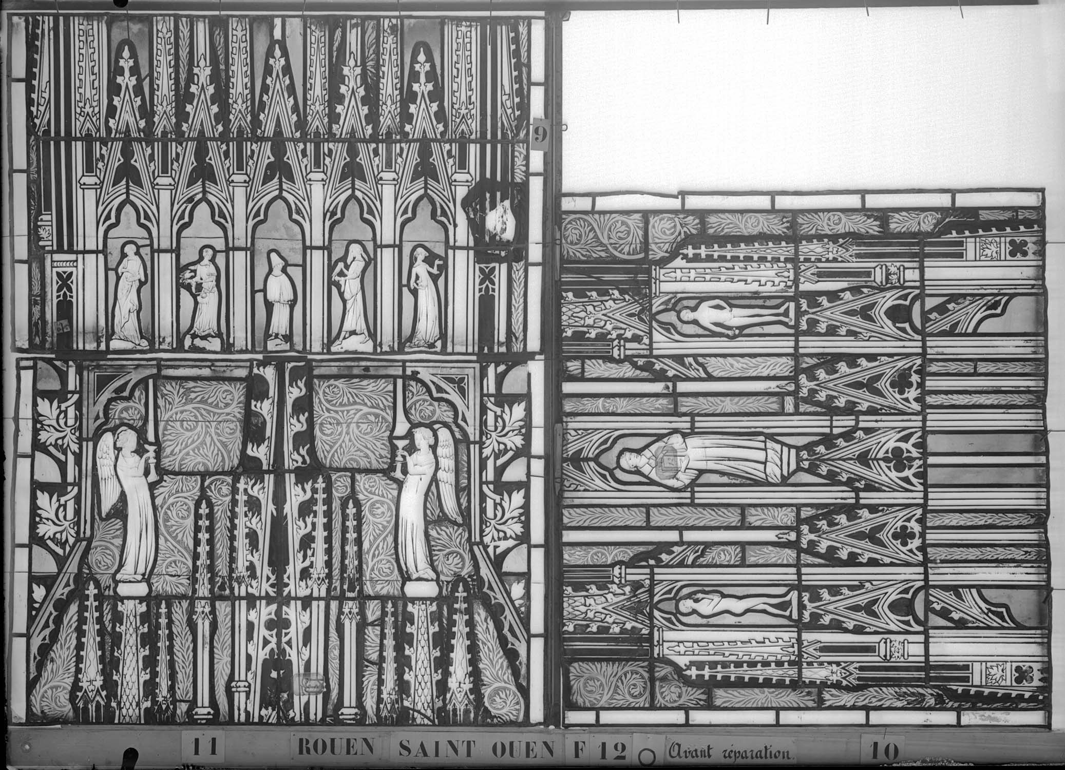 Vitrail, chapelle du déambulatoire, fenêtre 12, panneau d'architecture, avant restauration