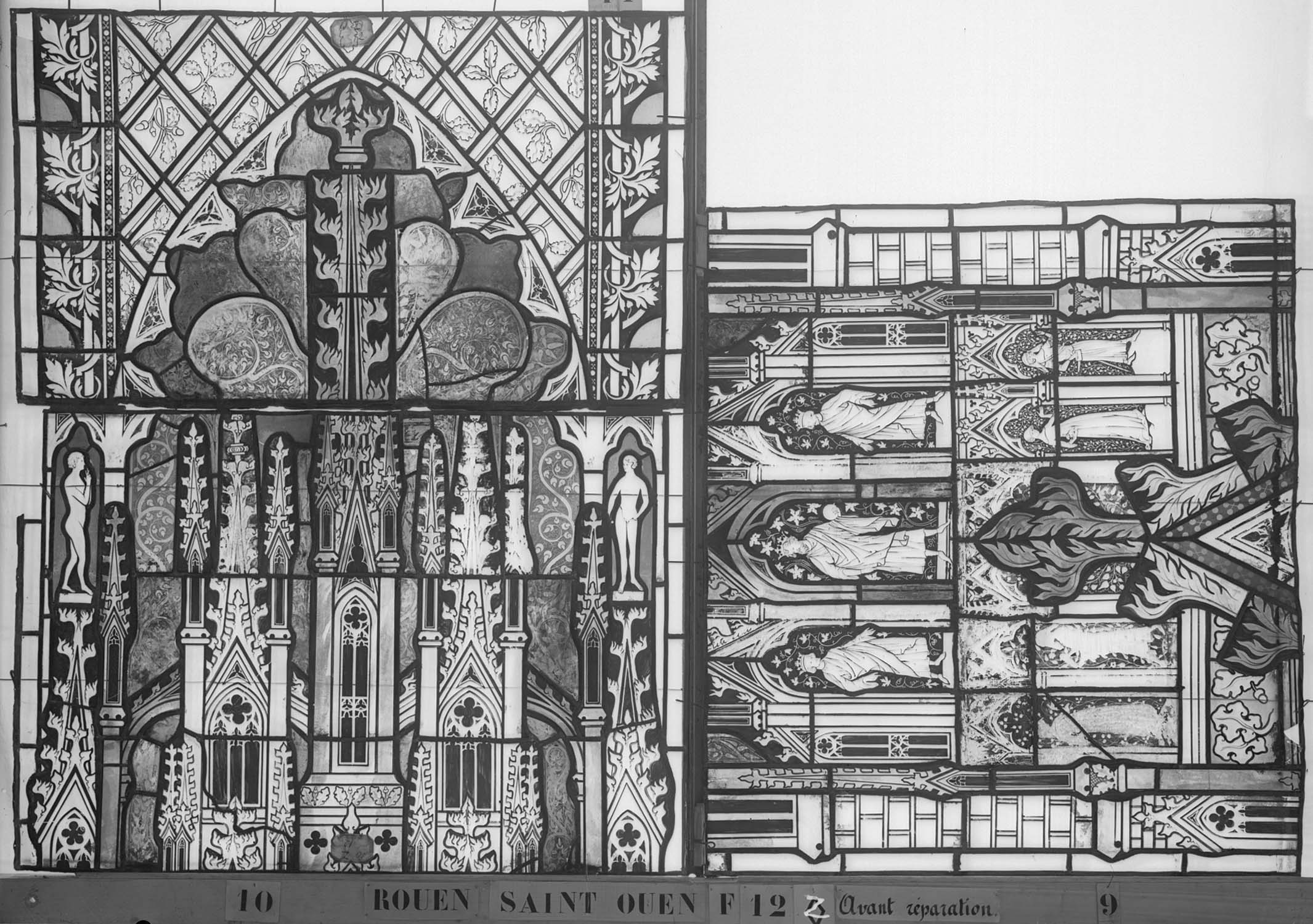 Vitrail, chapelle du déambulatoire, fenêtre 12, panneau d'architecture, avant restauration