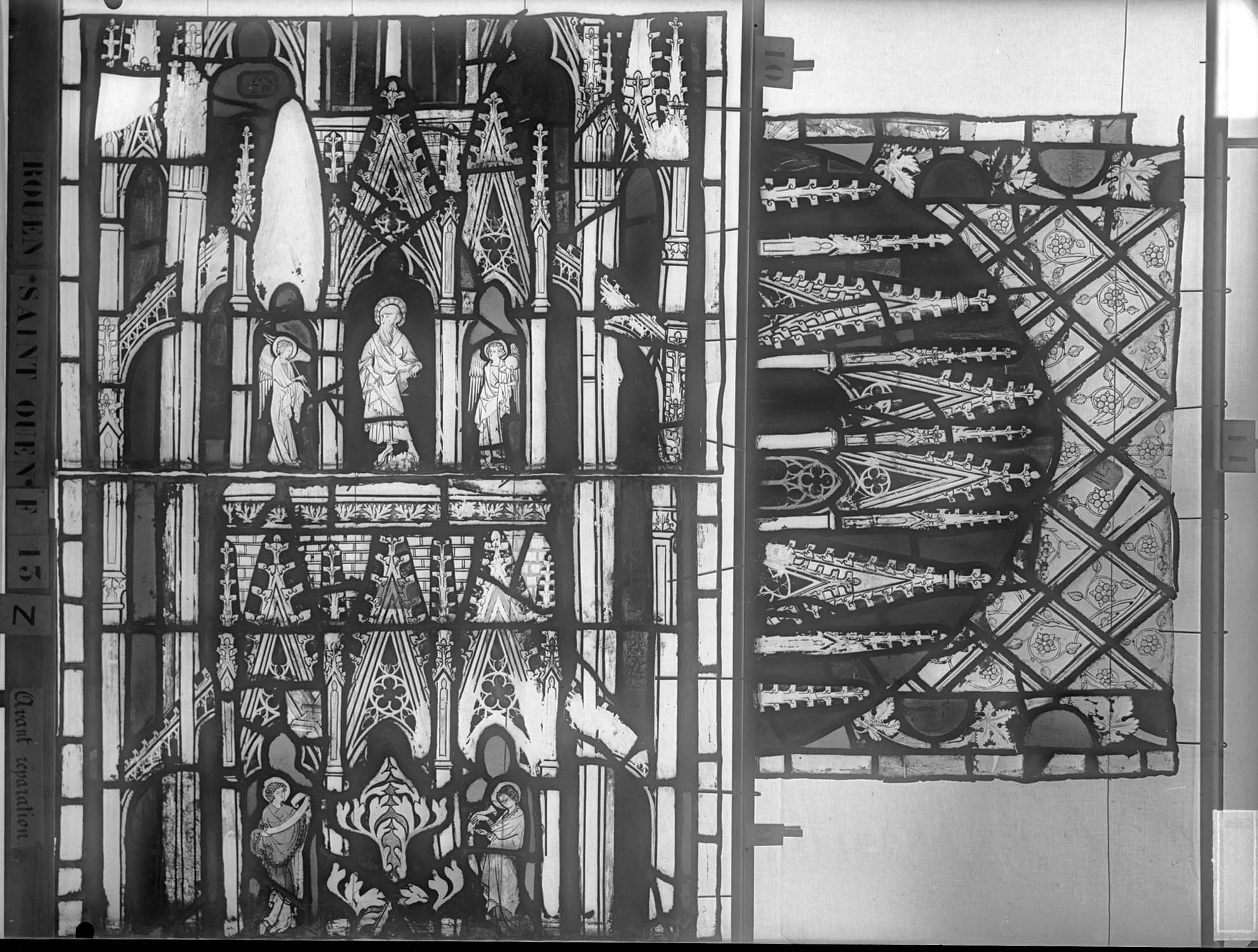 Vitrail, chœur, partie basse, fenêtre 13, sixième lancette, panneaux supérieurs