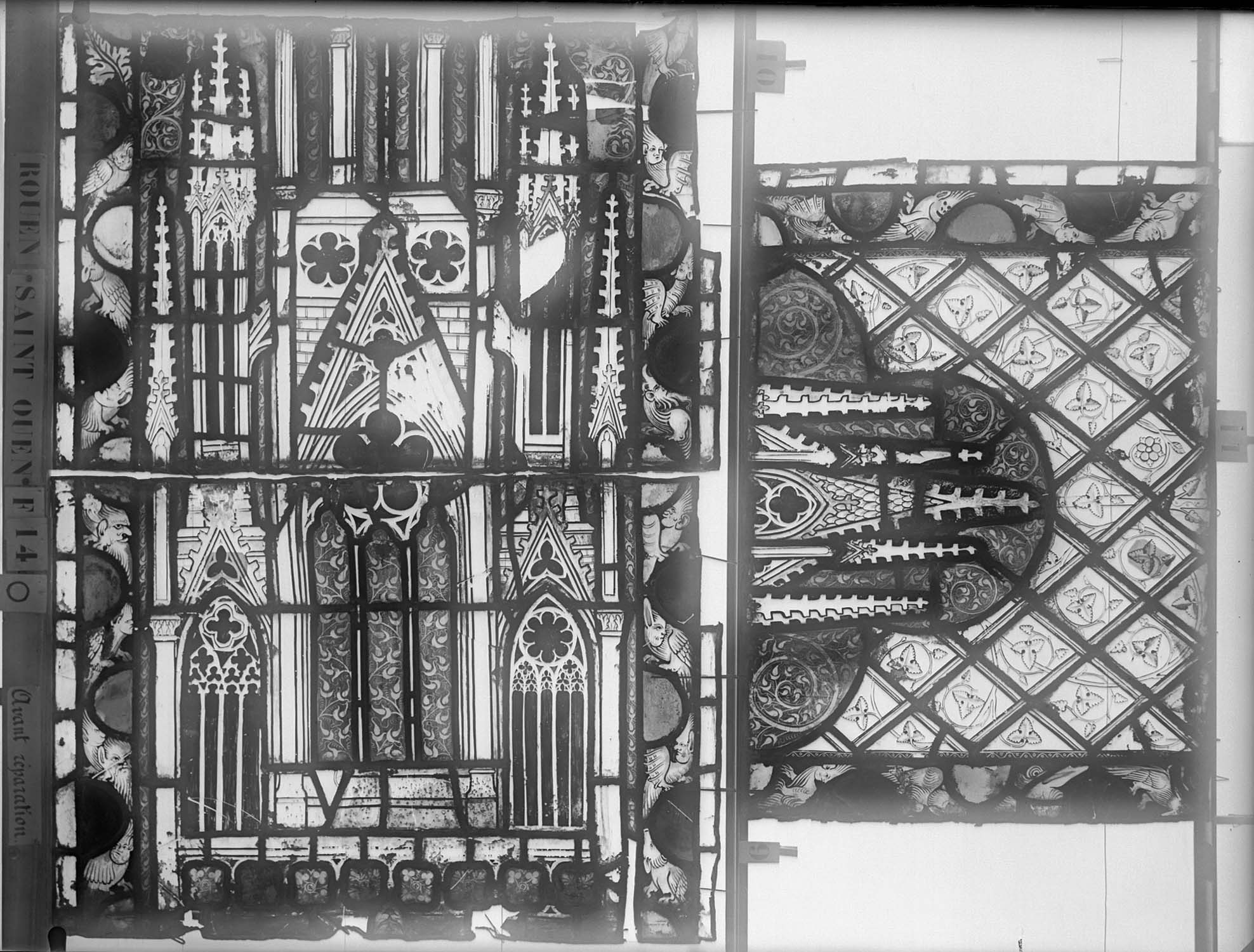Vitrail, chœur, partie basse, fenêtre 14, quatrième lancette, panneaux supérieurs