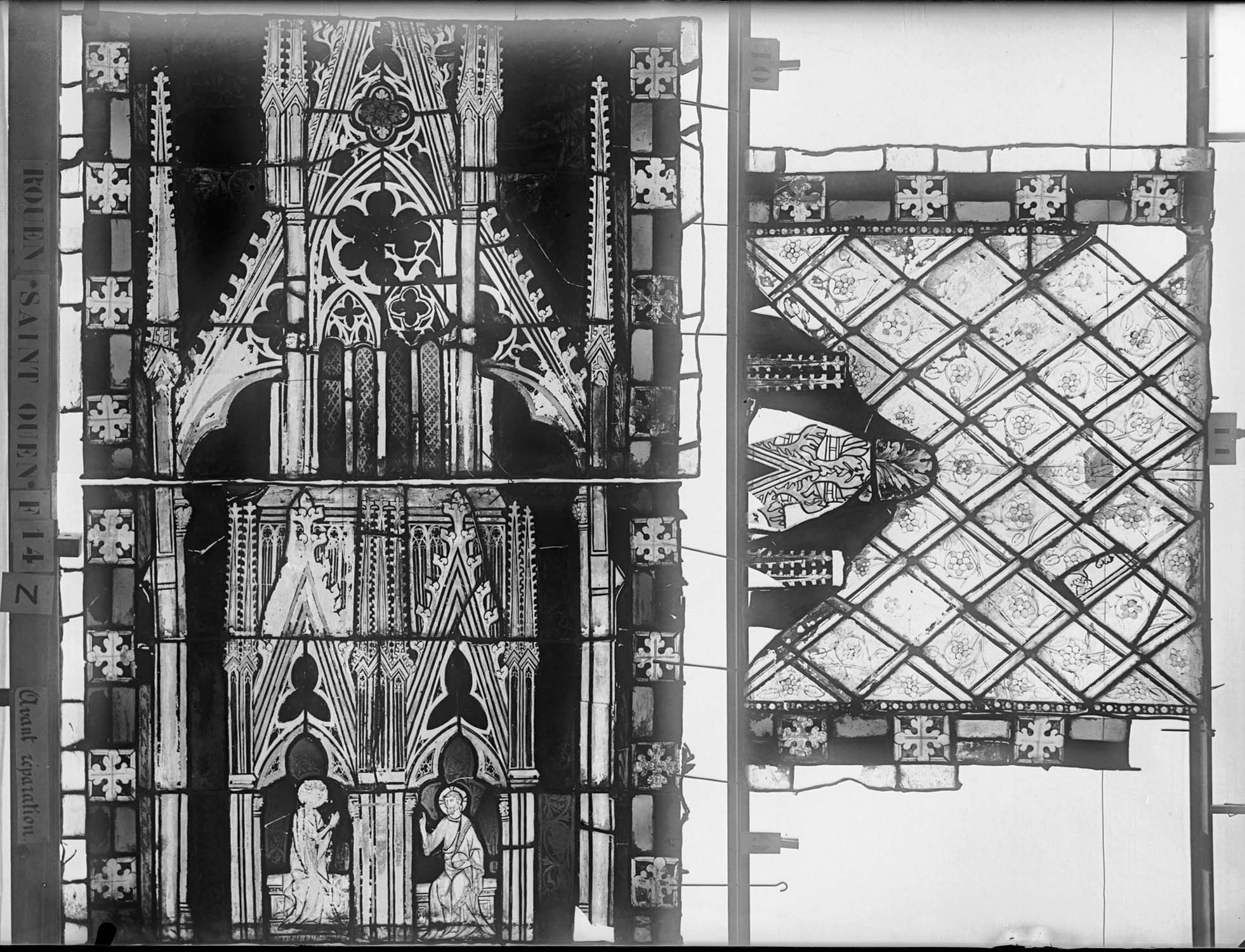 Vitrail, chœur, partie basse, fenêtre 14, sixième lancette, panneaux supérieurs