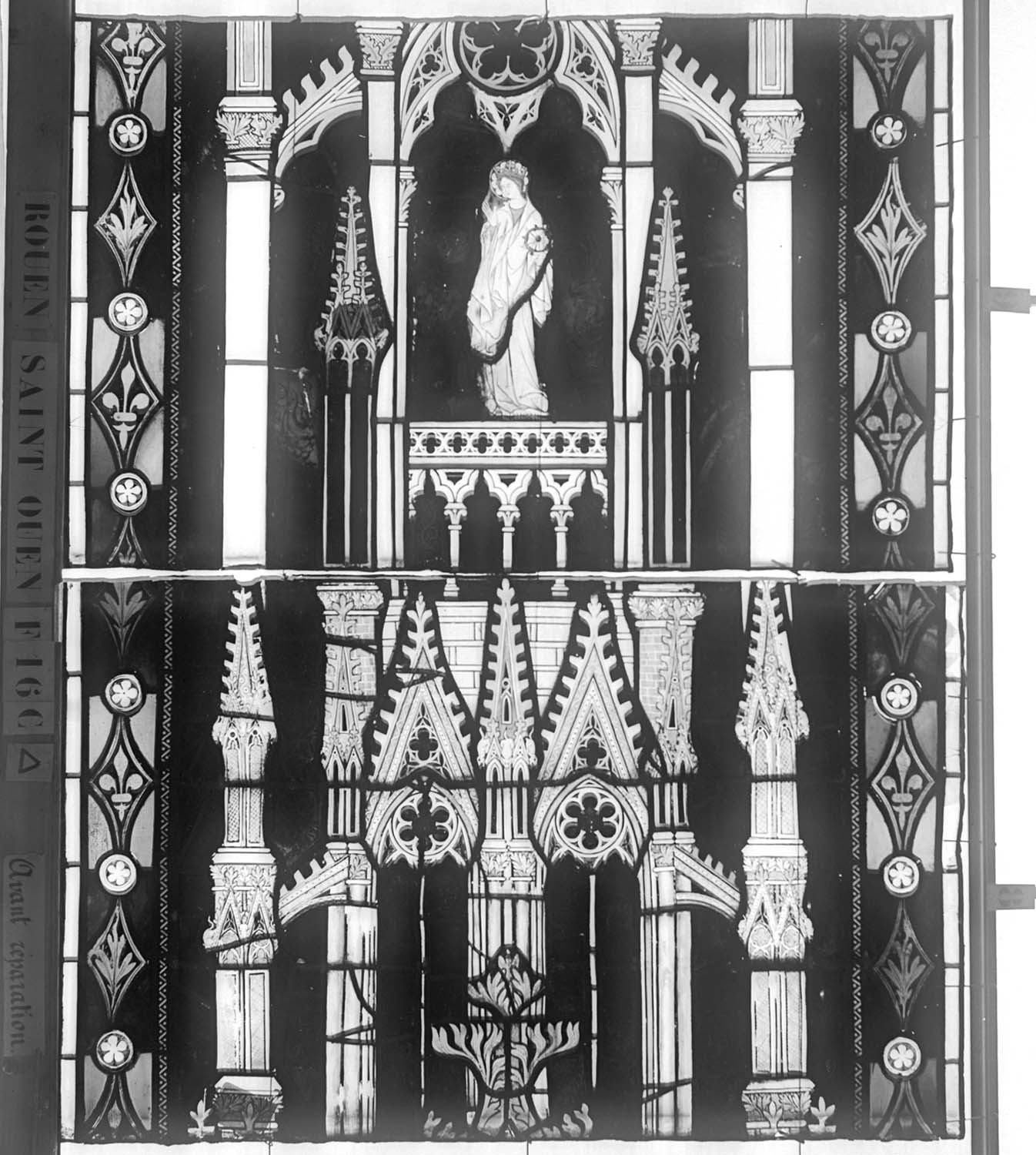 Vitrail, chœur, partie basse, fenêtre 16, baie C, panneaux supérieurs