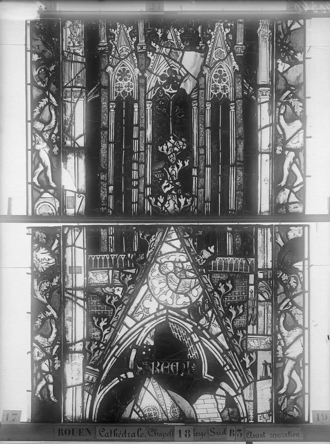 Vitrail, chapelle de la Vierge, côté sud, fenêtre B, troisième lancette, troisième panneau en haut