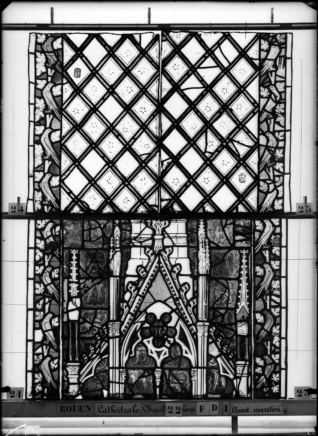 Vitrail, chapelle de la Vierge, troisième fenêtre D, première lancette à gauche, troisième panneau en haut