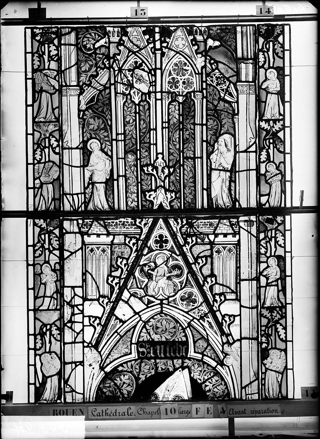 Vitrail, chapelle de la Vierge, fenêtre E, quatrième lancette, troisième panneau en haut