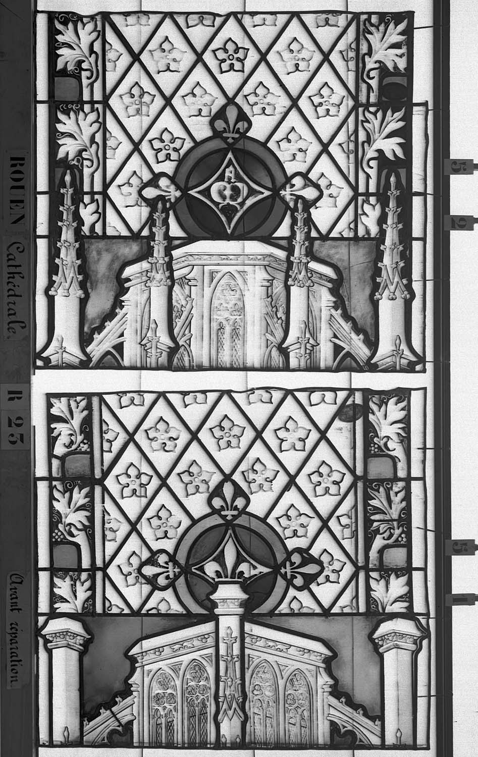 Vitrail, chapelle Sainte-Catherine, fenêtre R23, panneaux supérieurs, dais