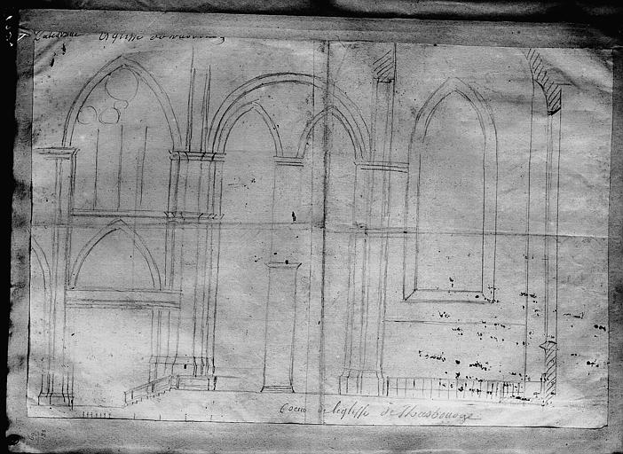 Elévation du choeur, brouillon au crayon au dos du plan numéro 1222