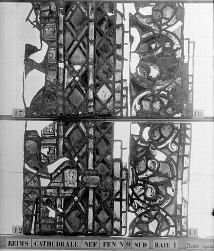 Vitrail, nef, fenêtre 9, au sud, baie 1, panneaux 11, 12, 16, 17