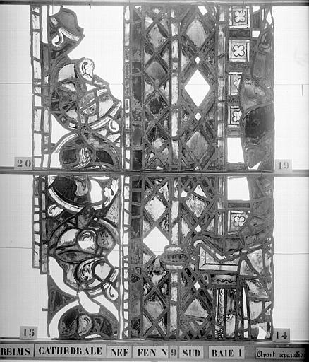 Vitrail, nef, fenêtre 9, au sud, baie 1, panneaux 14, 15, 19, 20