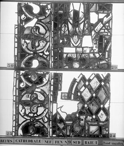 Vitrail, nef, fenêtre 9, au sud, baie 1, panneaux 24, 25, 29, 30