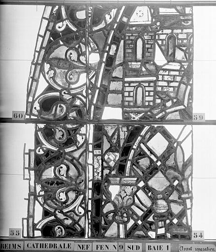 Vitrail, nef, fenêtre 9, au sud, baie 1, panneaux 54, 55, 59, 60