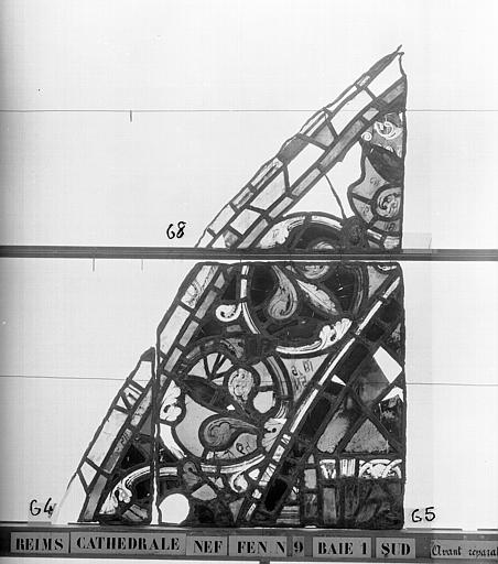 Vitrail, nef, fenêtre 9, au sud, baie 1, panneaux 64, 65, 68